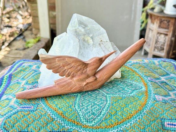 Hummingbird Totem Tepi Pipe, Natural Wood Tepi with Wonderful Detail, Hand Carved from a Single Piece of Tropical Hardwood