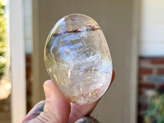 Golden Rutile Quartz, Water Clear Lens, 212g, Polished Quartz Palm Stone, Conductor Amplifier, Bahia, Brazil V258
