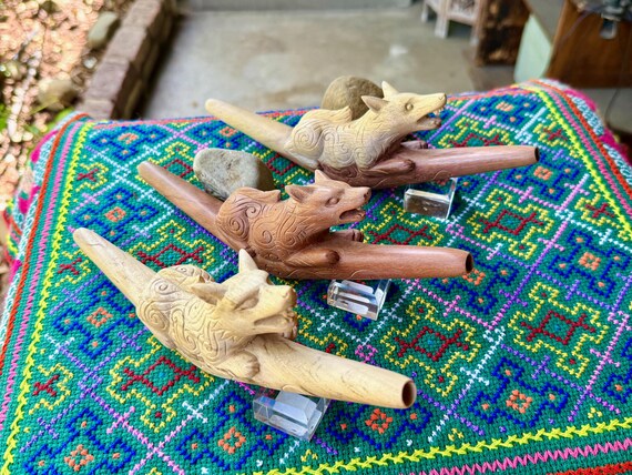 Wolf Tepi Pipe, Traditional Single Block Shamanic Applicator, Hand Carved from Tropical Hardwood, Choose ONE of Three