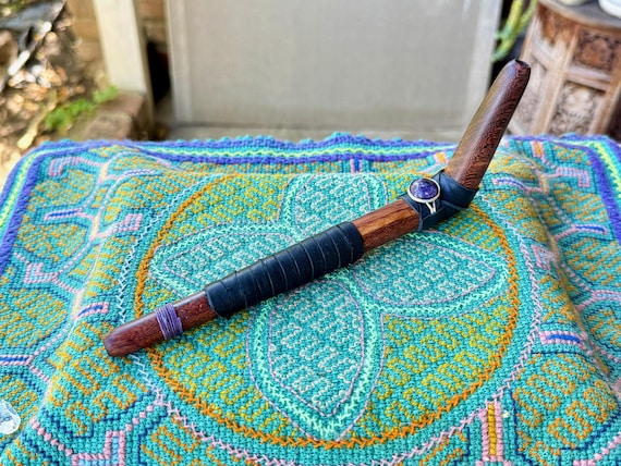Tepi Pipe with Purple Lepidolite, Traditional Shamanic Applicator, Handcrafted from a Single Piece of Dark Tropical Hardwood