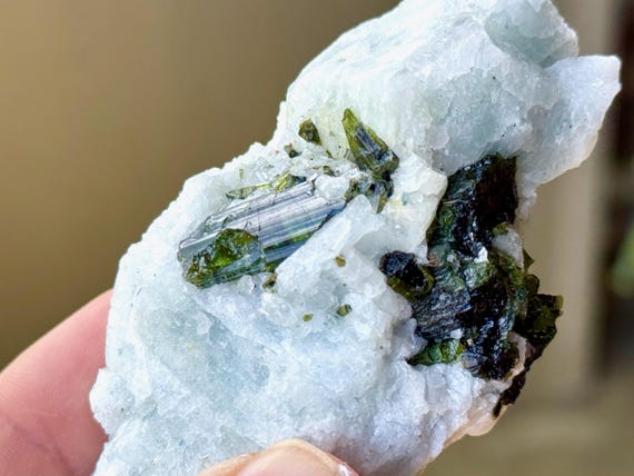 Blue Albite Feldspar with Green Tourmaline, 130g, Solar Plexus, Third Eye & Crown Chakra Crystal, Minas Gerais, Brazil S413