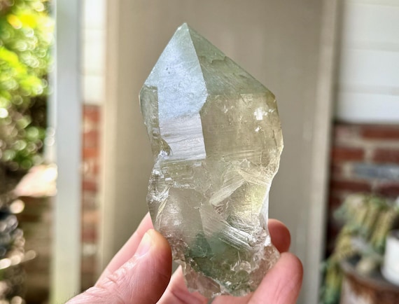 Himalayan Cathedral Quartz with Green Chlorite Phantom, 418g, High Altitude Crystal for Heart Healing and Purification, India W817
