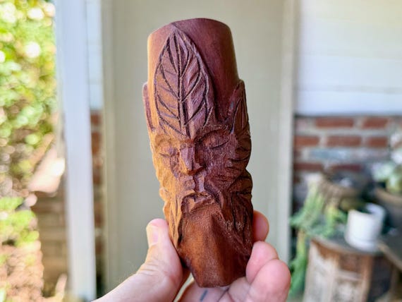 Greenman Pipe, Hand Carved Wooden Tobacco Pipe for Shamanic Ceremony, Handmade in Pucallpa, Peru