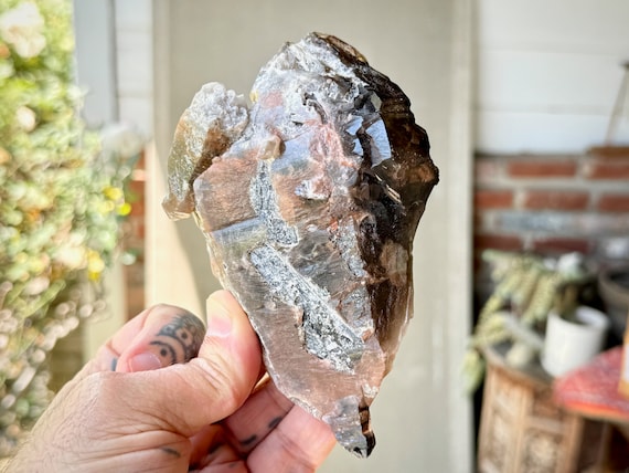 Elestial Smoky Quartz, Double Terminated with Etched Facets & Pink Hematite, 518g, Old Find, Aracuai, Minas Gerais, Brazil W287