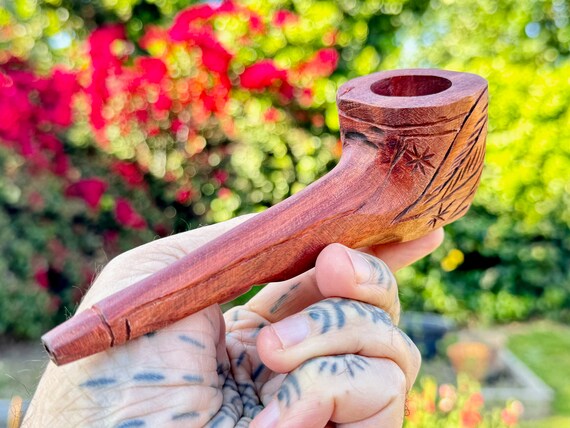 Traditional Mapacho Pipe by Betson Macawashi, Hand Carved Palo Sangre Wood Tobacco Pipe for Shamanic Ceremony, Made in Pucallpa, Peru