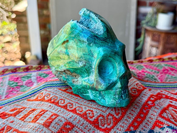 Chrysocolla Alien Skull, Elongated Extraterrestrial Head, Hand Carved in Peru