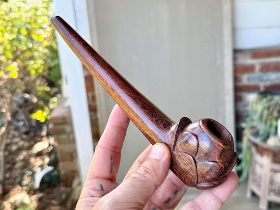 Shaman Pipe with Flower, Traditional Solid Wood Tobacco Pipe for Shamanic Ceremony, Hand Carved from Dark Tamarind Wood