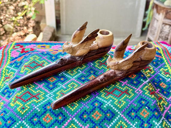Shaman Owl Pipe, Traditional Wooden Tobacco Pipe for Shamanic Ceremony, Hand Carved Ceremonial Pipe