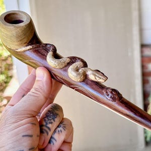Shaman Snake Pipe, Traditional Wood Tobacco Pipe for Shamanic Ceremony, Hand Carved Ceremonial Pipe with Serpent