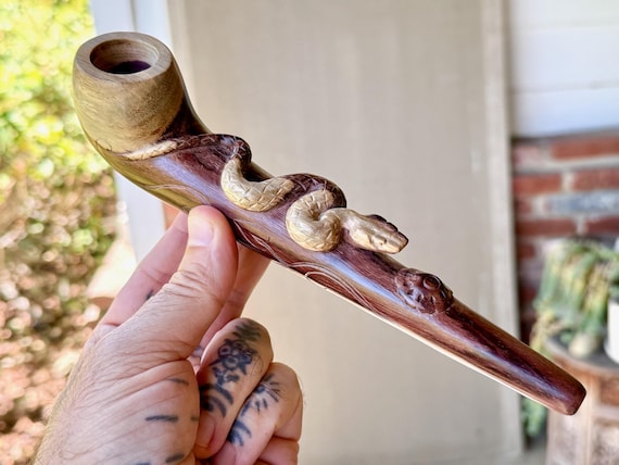 Shaman Snake Pipe, Traditional Wood Tobacco Pipe for Shamanic Ceremony, Hand Carved Ceremonial Pipe with Serpent