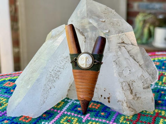 Kuripe with Carved Owl Inlay, Handcrafted Wooden Shamanic Self-Applicator Pipe