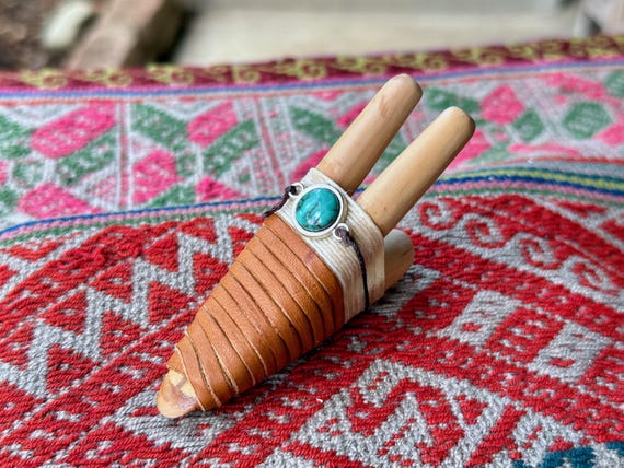 Double Kuripe with Turquoise, Traditional Shamanic Applicator Pipe, Hand Crafted from Tropical Wood