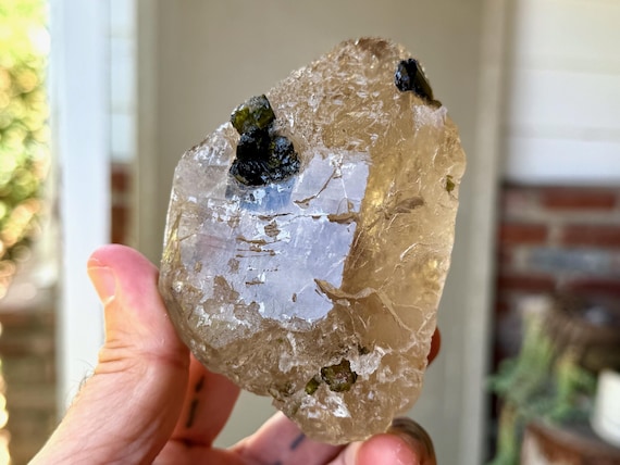 Citrine with Green Tourmaline, Trigonic & Naturally Etched, 522g, Creativity and Manifestation, Coronel Murta, Minas Gerais, Brazil V532
