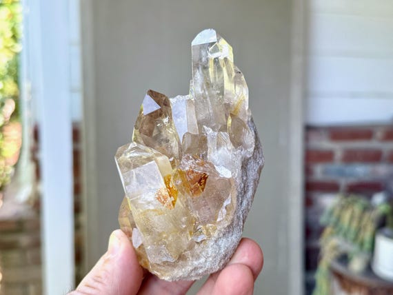 Elestial Quartz Cluster, Water Clear with Golden Hematite Inclusion, 336g, New Find, Minas Gerais, Brazil X888
