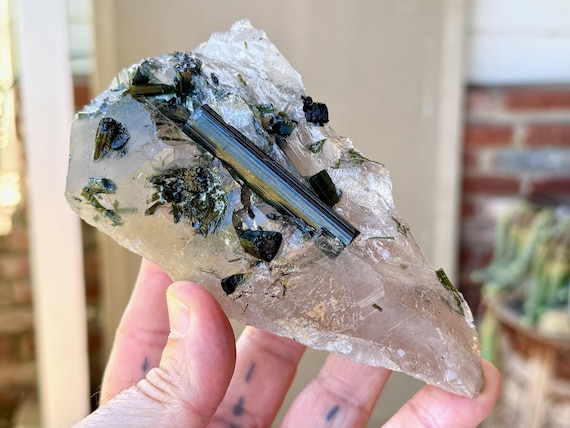 Elestial Quartz with Green Tourmaline, 620g, Custom Stand Included, Coronel Murta, Minas Gerais, Brazil V314