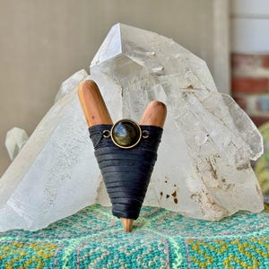 Kuripe with Silver Sheen Obsidian, Traditional Handcrafted Wooden Shamanic Self-Applicator Pipe