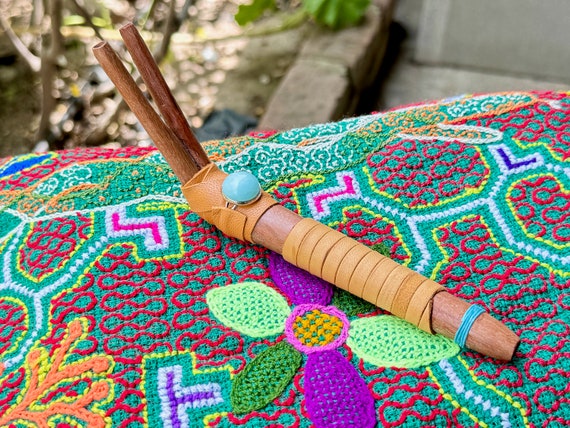 Double Tepi Pipe with Amazonite, Natural Teak Wood, Handcrafted Traditional Shamanic Applicator Pipe