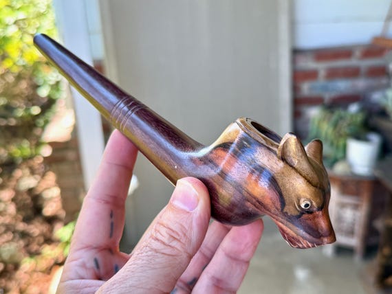 Jaguar Shaman Pipe, Traditional Wood Tobacco Pipe for Shamanic Ceremony, Hand Carved from Natural Two-Tone Wood