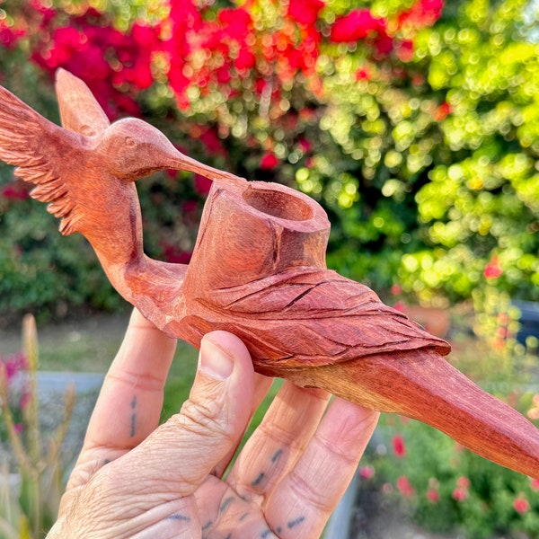 Hummingbird Pipe by Betson Macawashi, Hand Carved Palo Sangre Wood Tobacco Pipe for Shamanic Ceremony, Made in Pucallpa, Peru