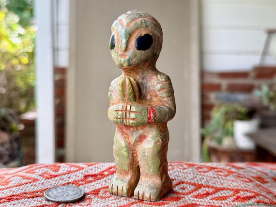 Extraterrestrial Alien Statue with Cactus, Hand Carved from Native Serpentine Stone, Peru's Sacred Valley