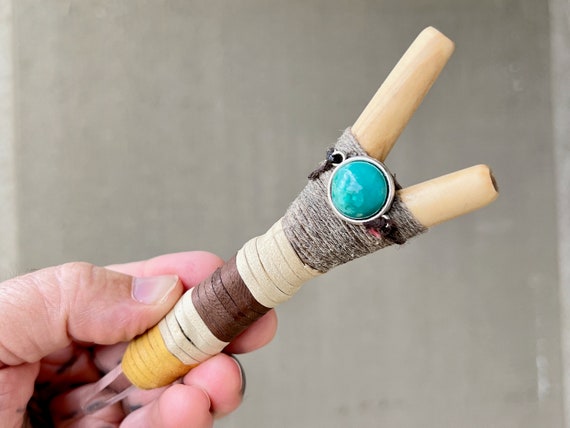 Kuripe with Turquoise and Pink Lemurian Quartz, Traditional Shamanic Applicator Pipe, Handcrafted from Natural Hardwood