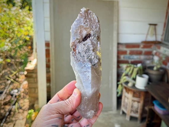 Elestial Smoky Quartz with Lepidolite and Red Hematite Inclusions, 610g, New Find, Aracuai, Minas Gerais, Brazil W578
