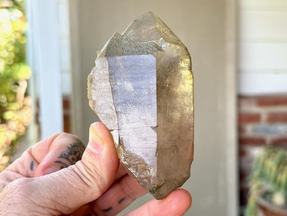 Smoky Himalayan Cathedral Quartz with Green Chlorite, 300g, High Altitude Quartz, Grounding & Purification, India W214