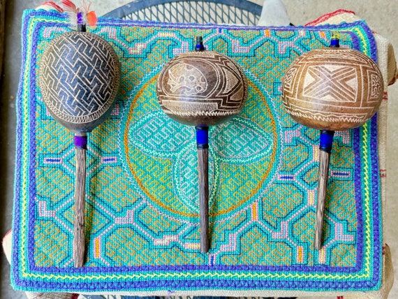 Shipibo Gourd Rattle from the Peruvian Amazon, Traditional Shaman Rattle for Plant Medicine ceremony, Made In Pucallpa, Peru