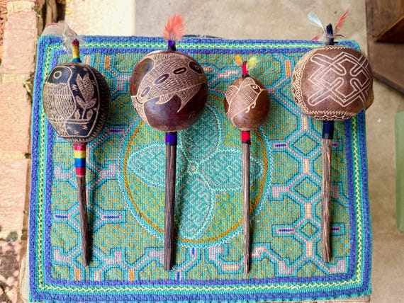 Ceremonial Rattle, Traditional Shaman Rattle -- Parrot, Dolphin, Hummingbird & Traditional Designs, Shipibo Gourd Rattle, Handmade In Peru