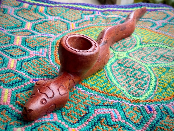 Mapacho Pipe, Hand Carved Snake Pipe, Solid Wood Tobacco Pipe with Boa for Shamanic Plant Medicine Ceremony, Made in Peru