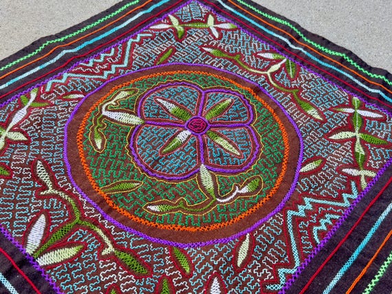 Shipibo Manta Cloth by Peruvian Artist Isabel Franchini, 26" x 24", Embroidered Shamanic Altar Cloth for Ceremony or Mesa