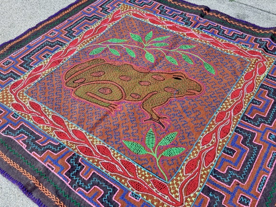 Shipibo Manta Cloth with Frog by Denise Bautista, 26" x 28", Embroidered Shamanic Altar Cloth for Ceremony, Made In Peru