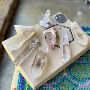 May include: A collection of six clear quartz crystals in various shapes and sizes, displayed in a small cardboard box. The crystals have a natural, raw appearance and are arranged in a visually appealing way.