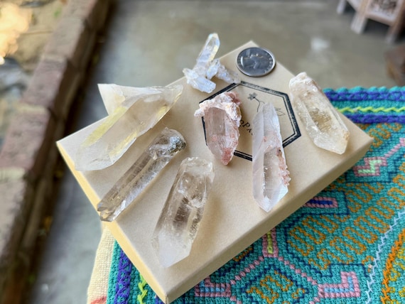 Pink Hematite & Water Clear Quartz Lot, 6 Pieces, High Quality Points for Crystal Grid or Jewelry, Brazil S160