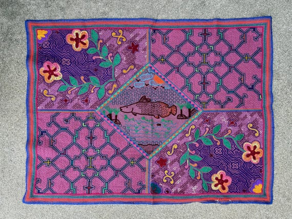 Shipibo Manta Cloth, Amazonian Fish, 25" x 34", Embroidered Shamanic Mesa Cloth, Handmade in Pucallpa, Peru