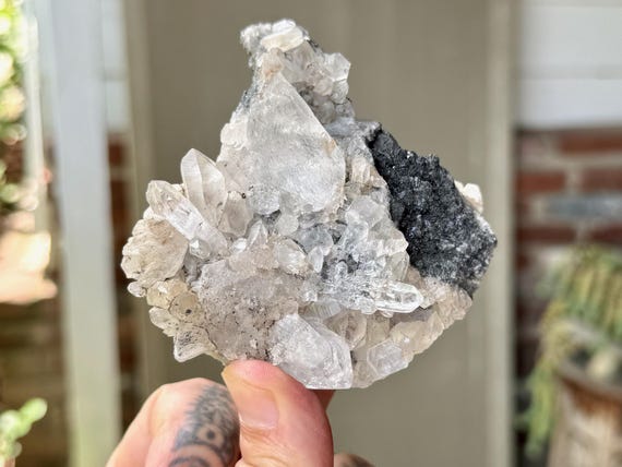Black Samadhi Quartz Cluster with Black Tourmaline, Self-Standing, 237g, High Altitude Himalayan Quartz, Pure Vibration, India W069