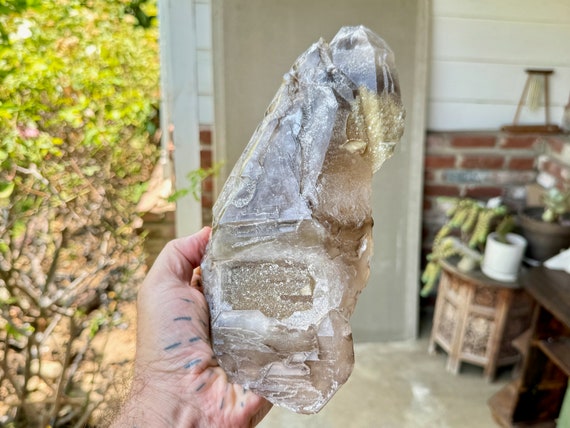 Smoky Elestial Quartz with Golden Mica Inclusions, Self-Standing, Galactic Key Formation, 2 Kilo, Aracuai, Minas Gerais, Brazil W414