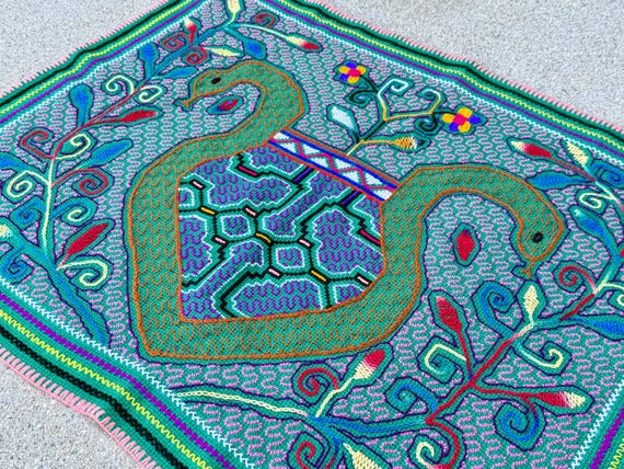 Serpent Manta Cloth with Medicine Bottle & Vine, Traditional Shipibo Mesa Cloth for Shamanic Ceremony, 20" x 26," Handmade in Pucallpa, Peru
