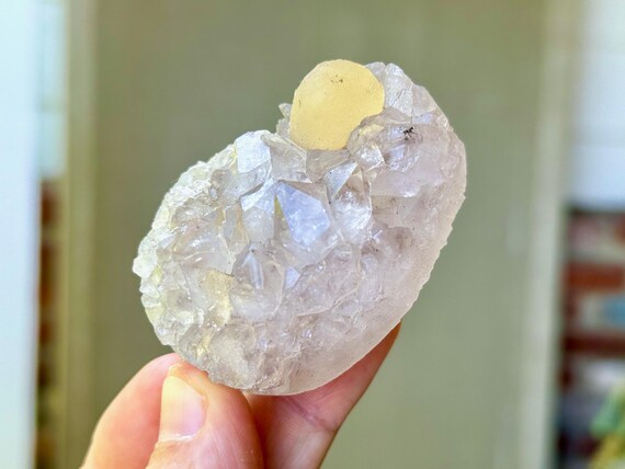 Yellow Fluorite Ball on Amethyst, Natural Formation, 117g, Rare Botryoidal Fluorite, Self-Standing, India S929