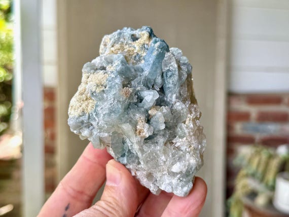 Blue Tourmaline Quartz Cluster with Golden Mica, 415g, Old Find, Indicolite Quartz, Throat Chakra, Jenipapo, Minas Gerais, Brazil W810