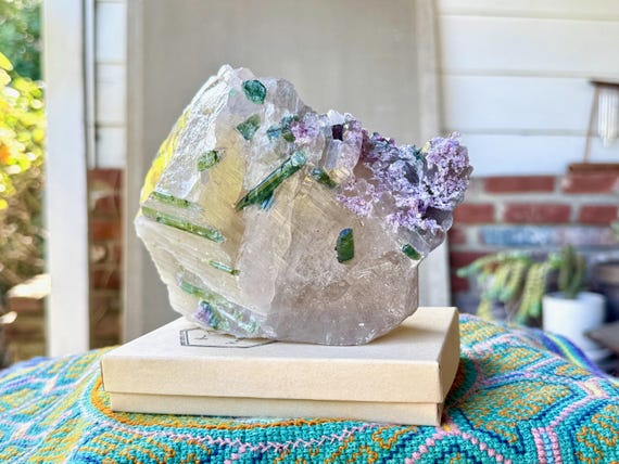 Unicorn Stone Quartz with Green Tourmaline & Purple Lepidolite, 1.5 Kilo, Self-Standing Crystal, Minas Gerais, Brazil X104