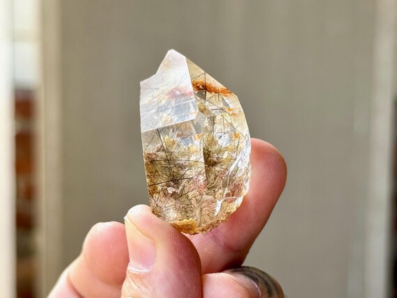 Orange Lodolite Quartz with Black Tourmaline Inclusions, Isis Crystal with Window, 35g, New Find, Diamantina, Minas Gerais, Brazil S222