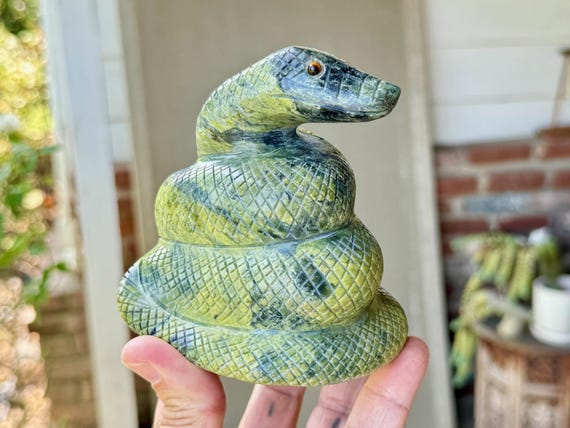 Shamanic Snake Totem from Peru, Hand Carved from Native Serpentine Stone, Self-Standing Serpent Carving for Altar or Mesa