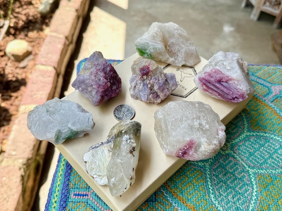 Unicorn Stone Lot, Green & Pink Tourmaline Quartz with Lepidolite, 7 Pcs (1.1 Kilo), Coronel Murta, Minas Gerais, Brazil WS204