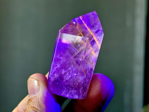Powellite Phantom Quartz with Ametrine, UV Reactive & Self-Standing, 41g, New Find, Channeling Formation, Bahia, Brazil T317