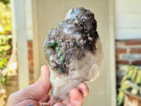 Unicorn Stone Quartz with Green Tourmaline, Citrine & Purple Lepidolite, Custom Stand for Display, 921g, New Find, Minas Gerais, Brazil W526