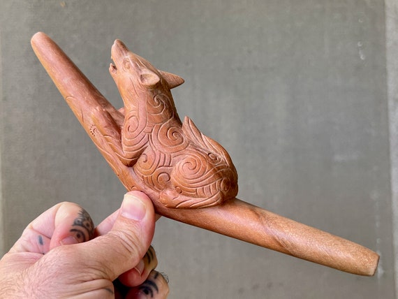 Cosmic Wolf Totem Tepi Pipe, Natural Wood Tepi with Wonderful Detail, Hand Carved from a Single Piece of Sawo Wood