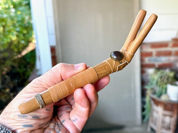 Double Tepi Pipe with Bronzite, Traditional Shamanic Applicator, Handcrafted from Natural Teak Wood