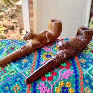 Jaguar Pipe, Traditional Wooden Tobacco Pipe for Shamanic Ceremony, Hand Carved from Natural Sawo and Tamarind Wood