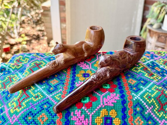 Jaguar Pipe, Traditional Wooden Tobacco Pipe for Shamanic Ceremony, Hand Carved from Natural Sawo and Tamarind Wood